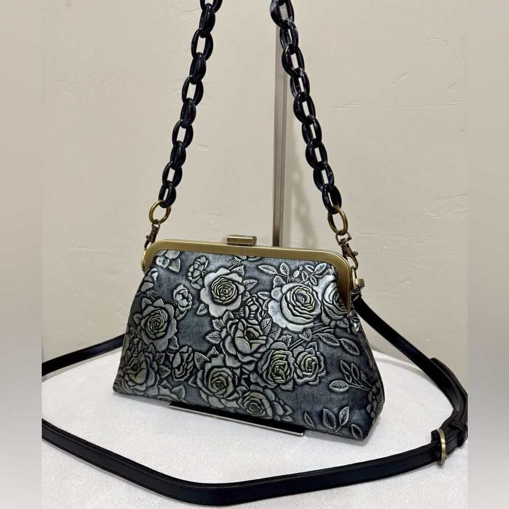 Gray Roses Handmade Embossed Cowhide Push-lock Clutch/Shoulder Bag, Crossbody